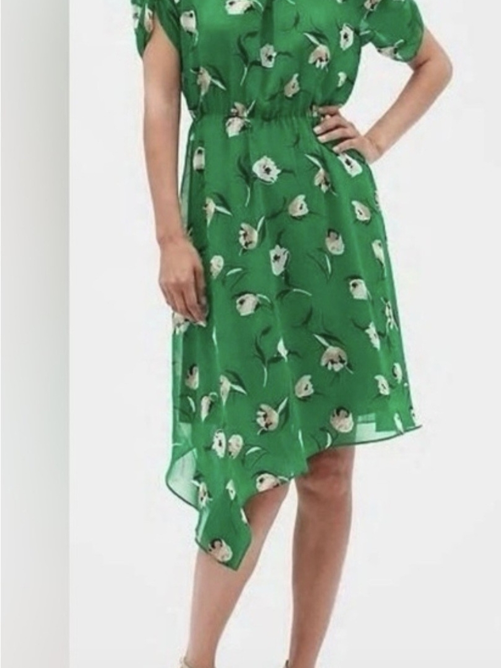 Banana Republic green floral print asymmetrical fit & flare dress.